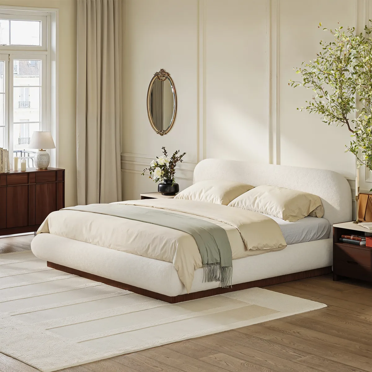 Modern Boucle Upholstered Bed with Charging Station & Fluted Base