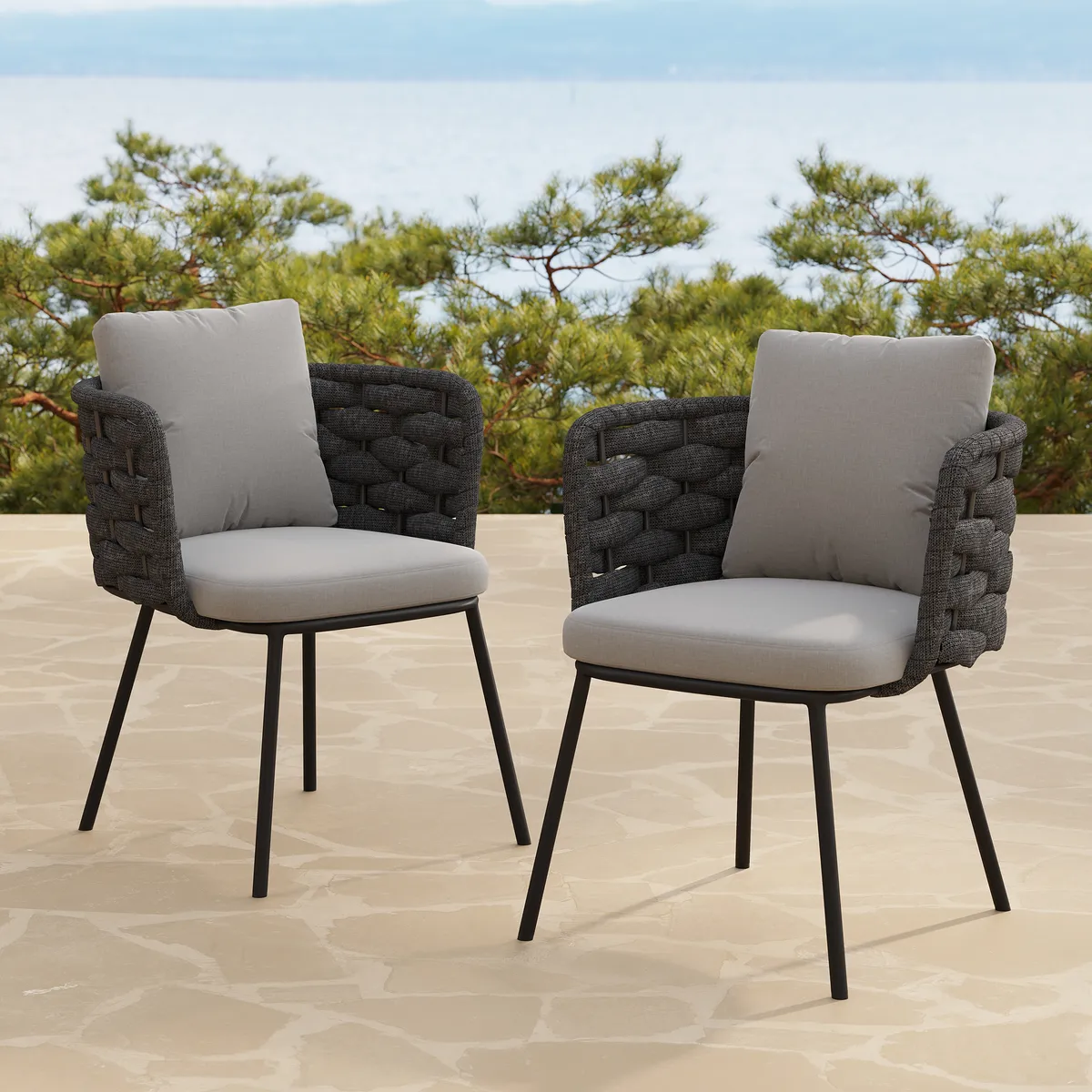 Set of 2 Modern Dark Gray Aluminum Rattan Outdoor Dining Chairs with Armrests – Durable & Weather-Resistant for Patios, Gardens, or Balconies — image 2