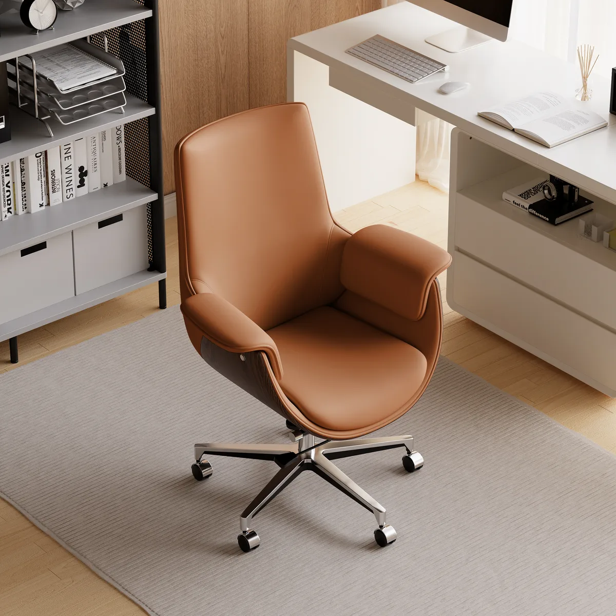 Black Leather Modern Home Office Chair Upholstered High Back Desk Chair Wood Grain Frame — image 13
