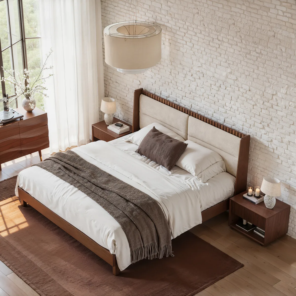 Modern Black Queen Size Solid Wood Bed with Boucle Headboard Pillows — image 13