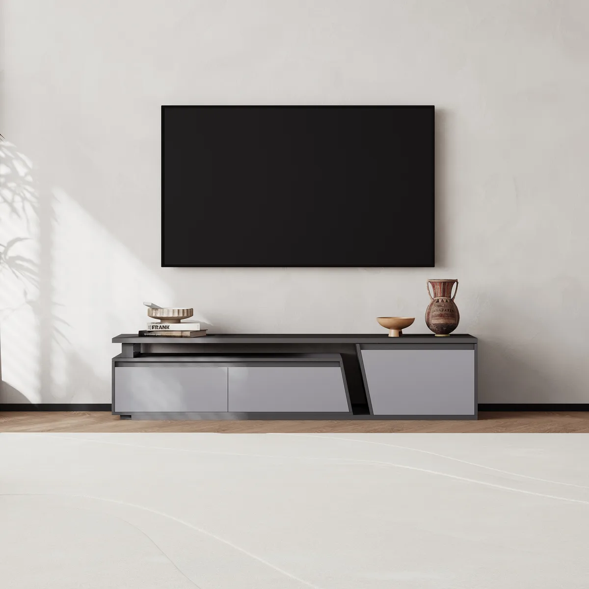 Fero Minimalist Rectangle Gray Extendable TV Stand with 3 Drawers Up — image 19