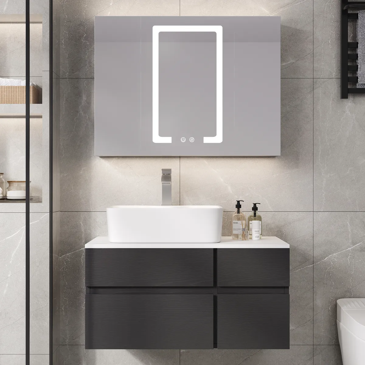 31.5" Walnut Floating Bathroom Vanity Left Offset Ceramic Vessel Sink — image 3