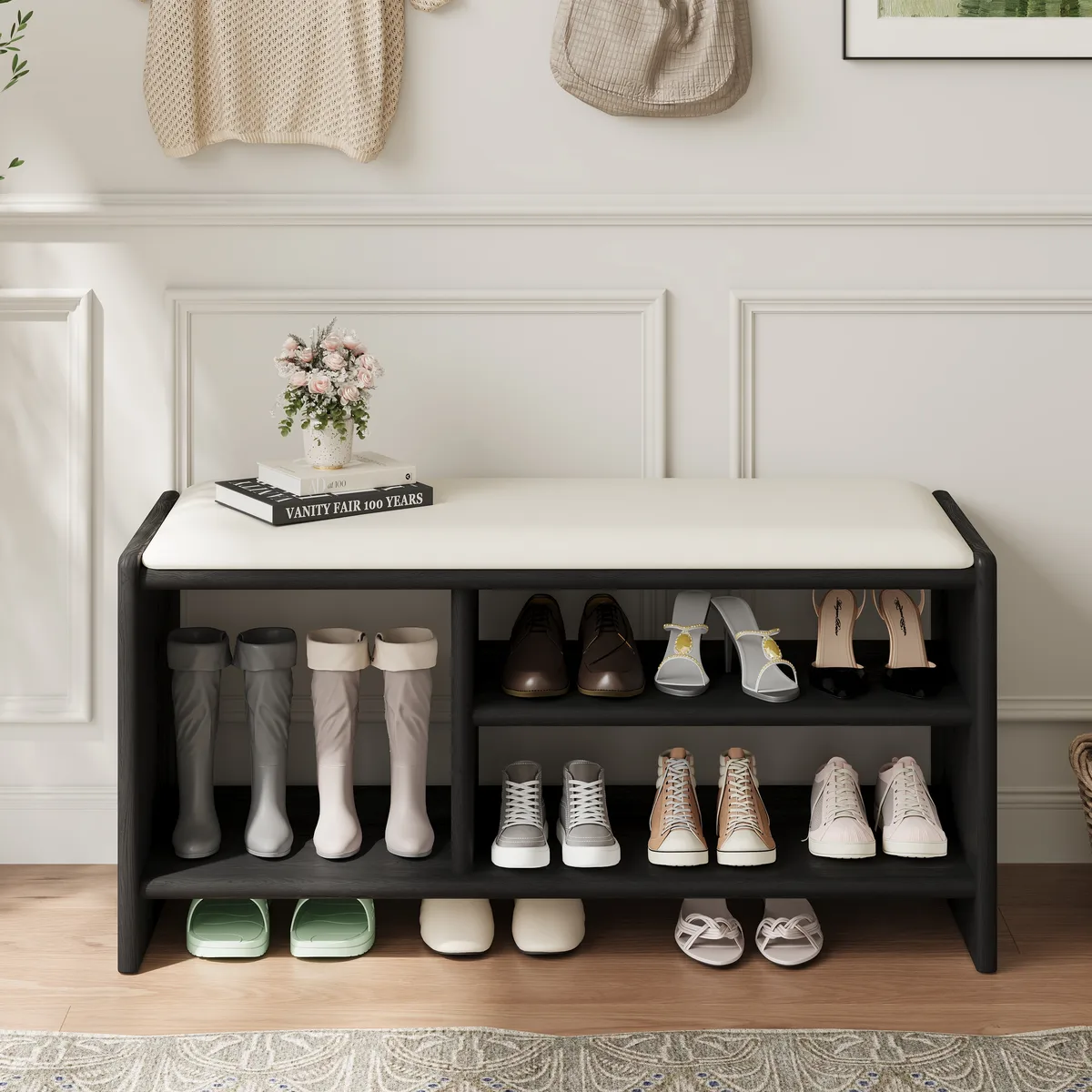 Modern Leather Upholstered Entryway Bench Shoe Storage