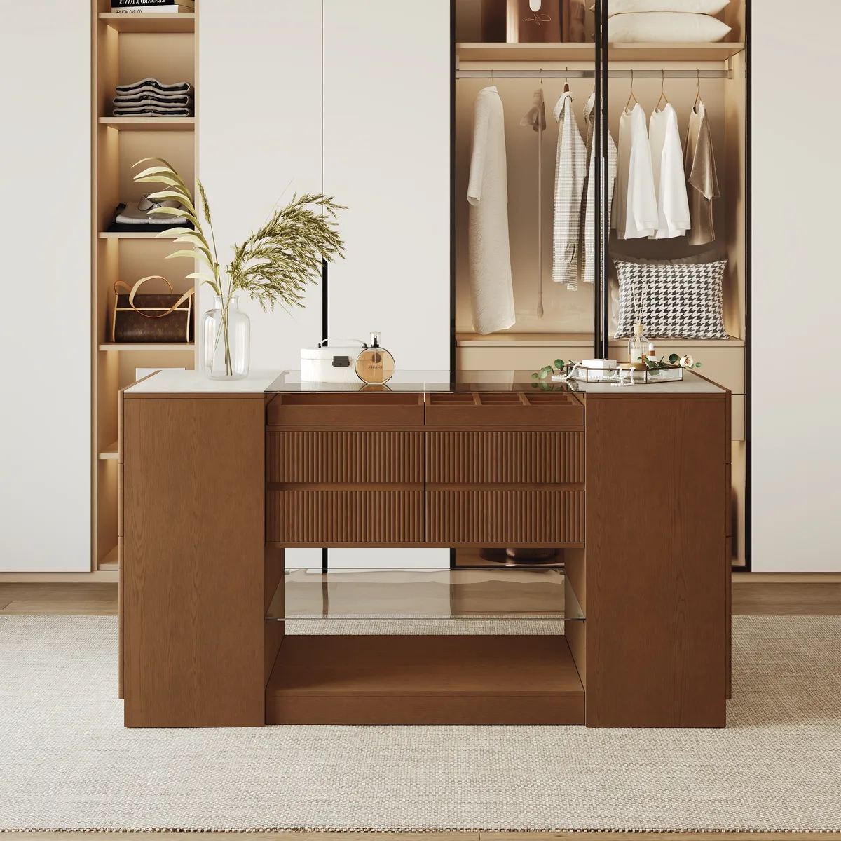 60" Glass Top Walnut Dresser Walk-in Closet Island with Jewelry Storage — image 3