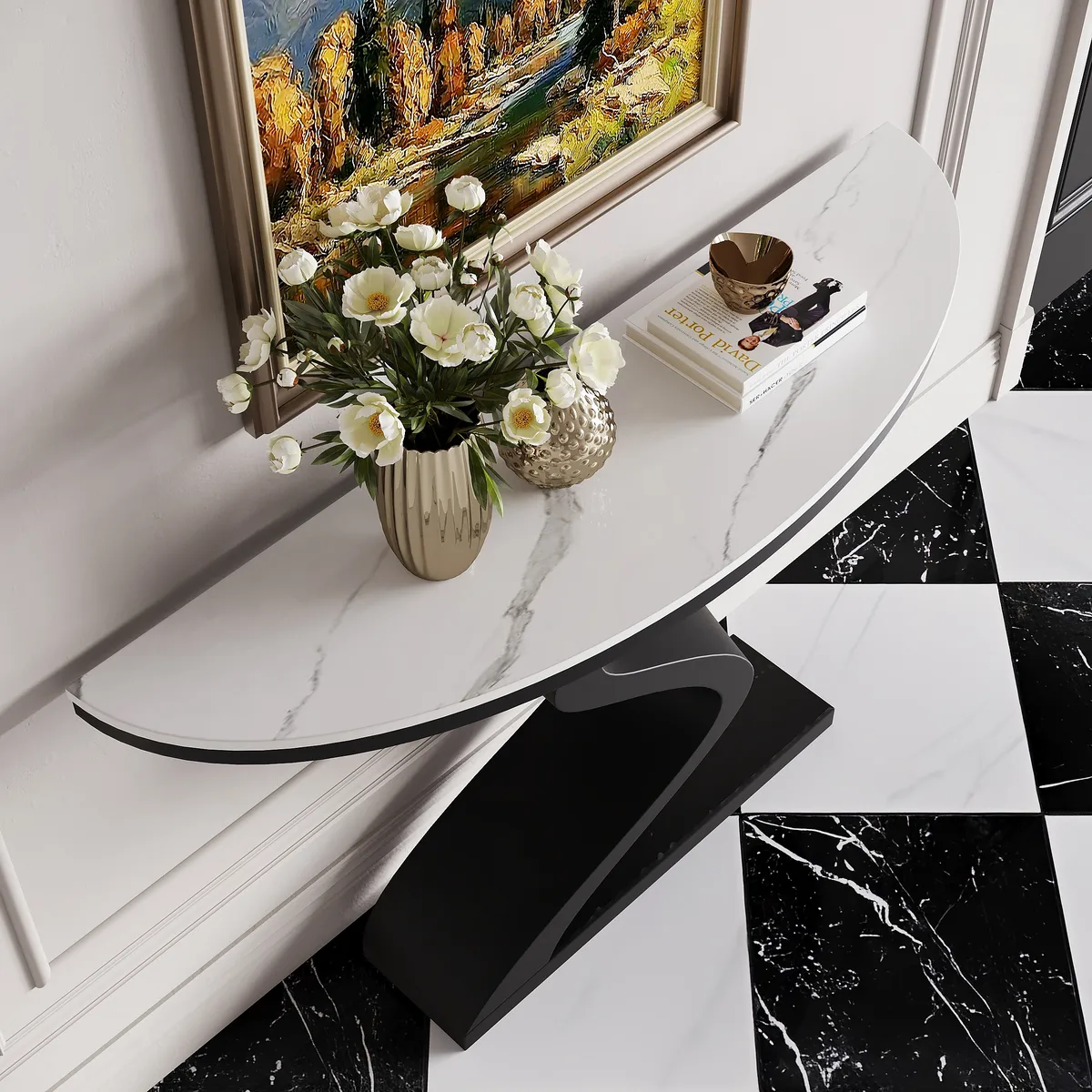 Curved Console Table with Sintered Stone Top Half Moon Shape Entryway Furniture — image 14