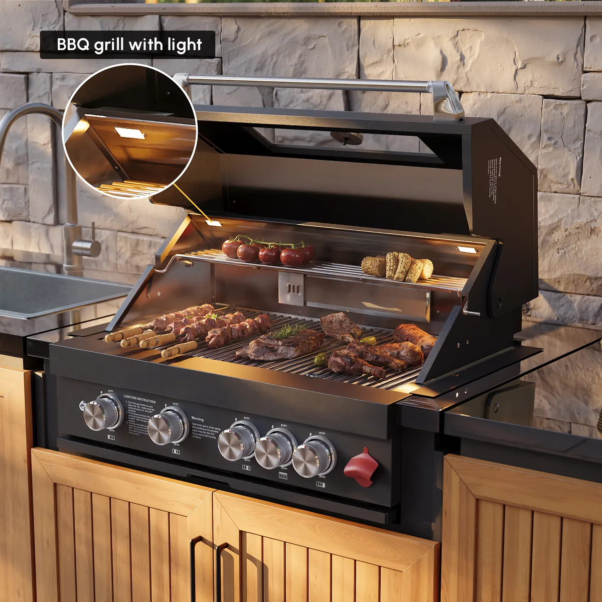Tevara Modular Outdoor Barbecue Kitchen Cabinet with Propane Gas Grill Stainless Steel Movable BBQ Grilling Island in Black (118" W) — image 6