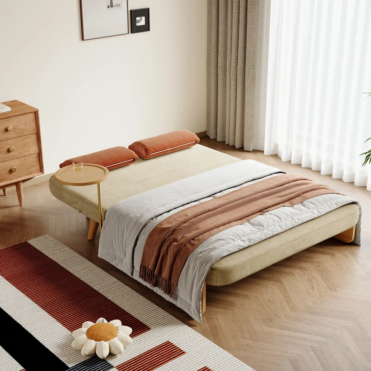 Futon Bed Twin Sleeper Sofa Convertible Chair Bed with Rattan Armrest — image 12