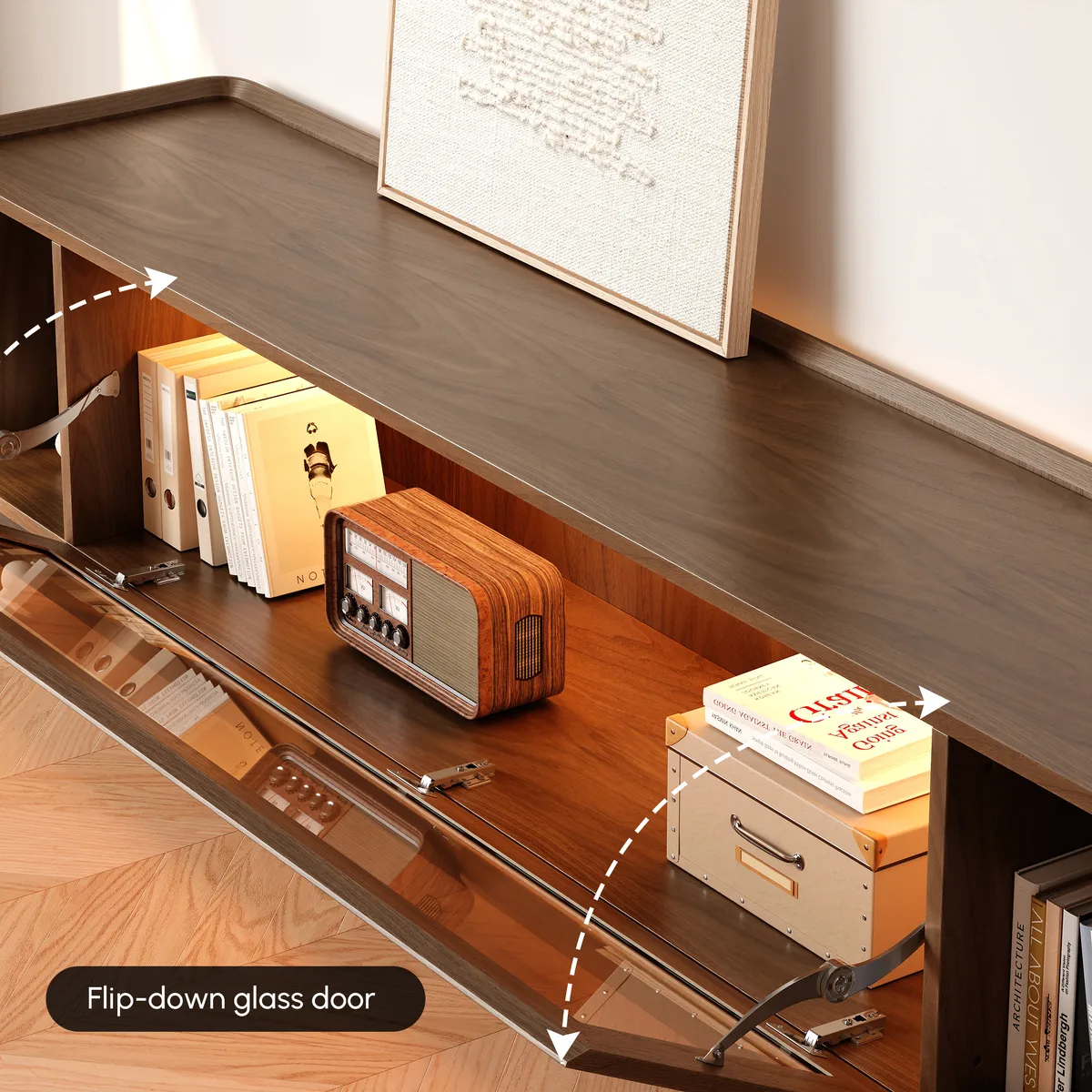 79'' Glass Door TV Stand Mid Century Modern Wood Media Console with Storage & LED — image 26