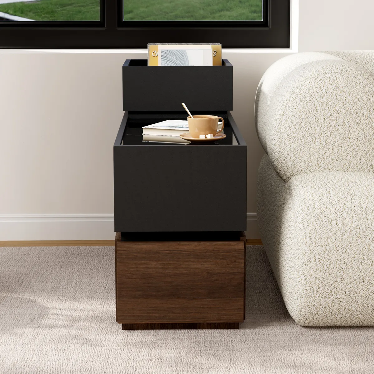 Travertine Stone Top Narrow Smart Side Table with Storage Modern Walnut End Table with USB Charging — image 3