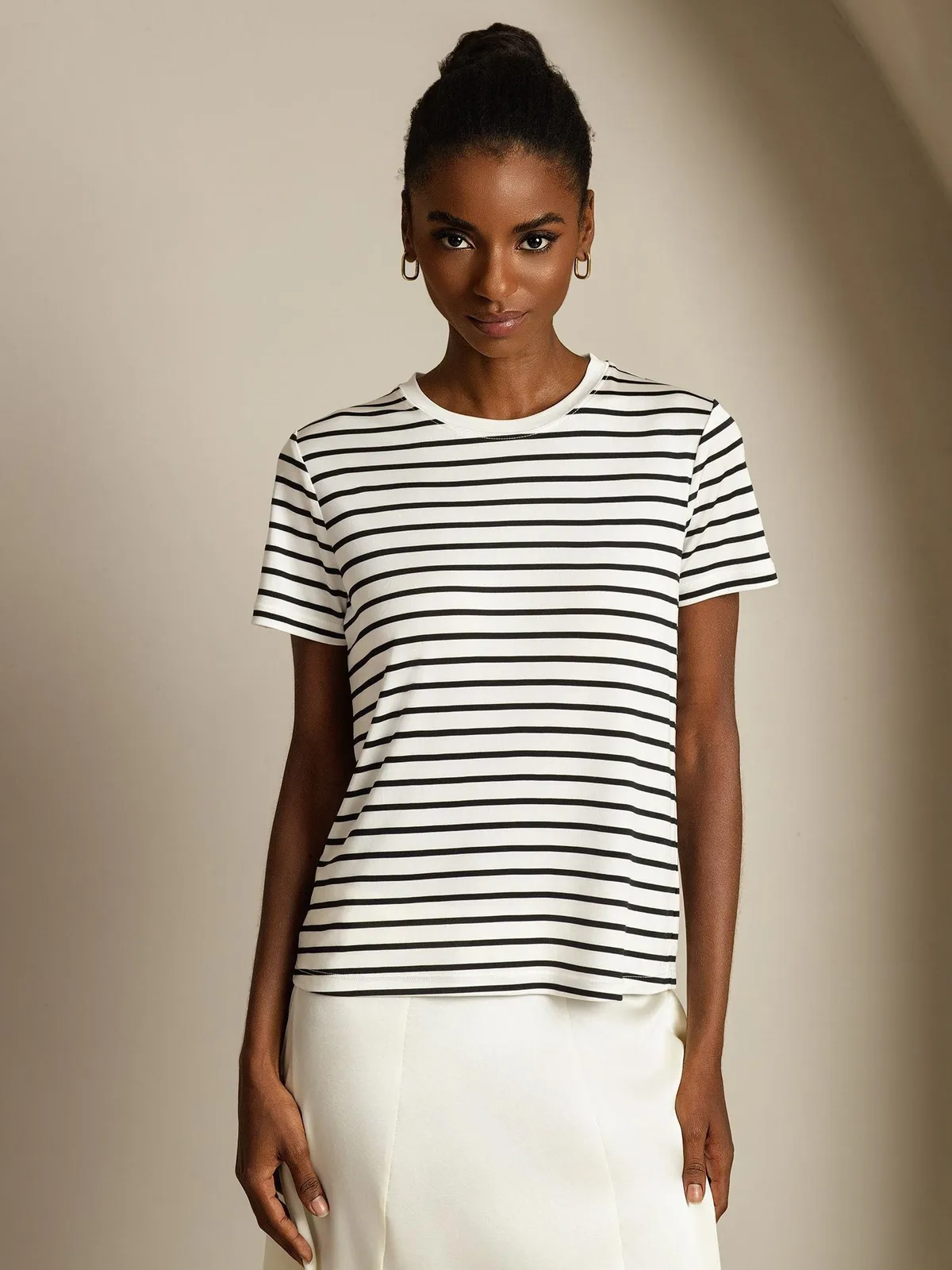 100% Mulberry Silk Crew Neck Short Sleeve Women's Sport Stripe Print T-Shirt — image 3