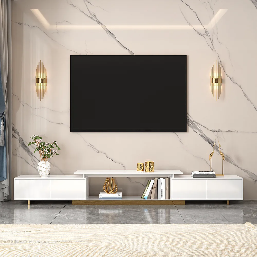 Living Room Cabinet Set Rectangle Glossy White Extendable TV Stand & 70.8" Glossy White Coffee Table Set — image 6
