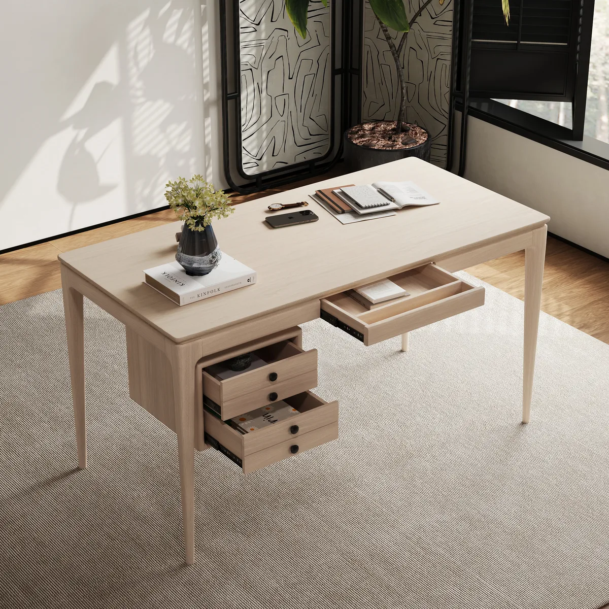 Mid-Century Style 55.1" Whitewash Ash Wood Home Office Desk with 3 Storage Drawers and Metal Accents — image 8