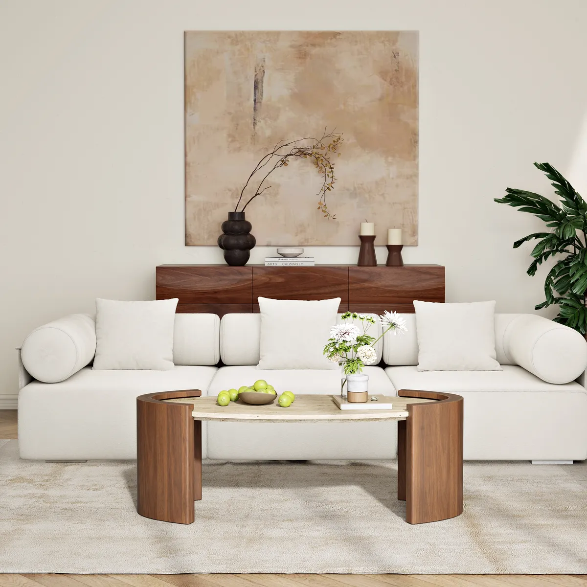 43" Japandi Oval Travertine Stone Top Coffee Table — image 23