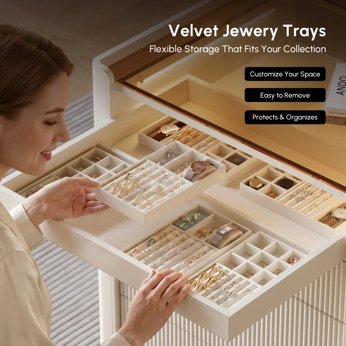 Modern Fluted Leather Closet Island 7 Drawer Dresser with Light & Jewelry Storage — image 7