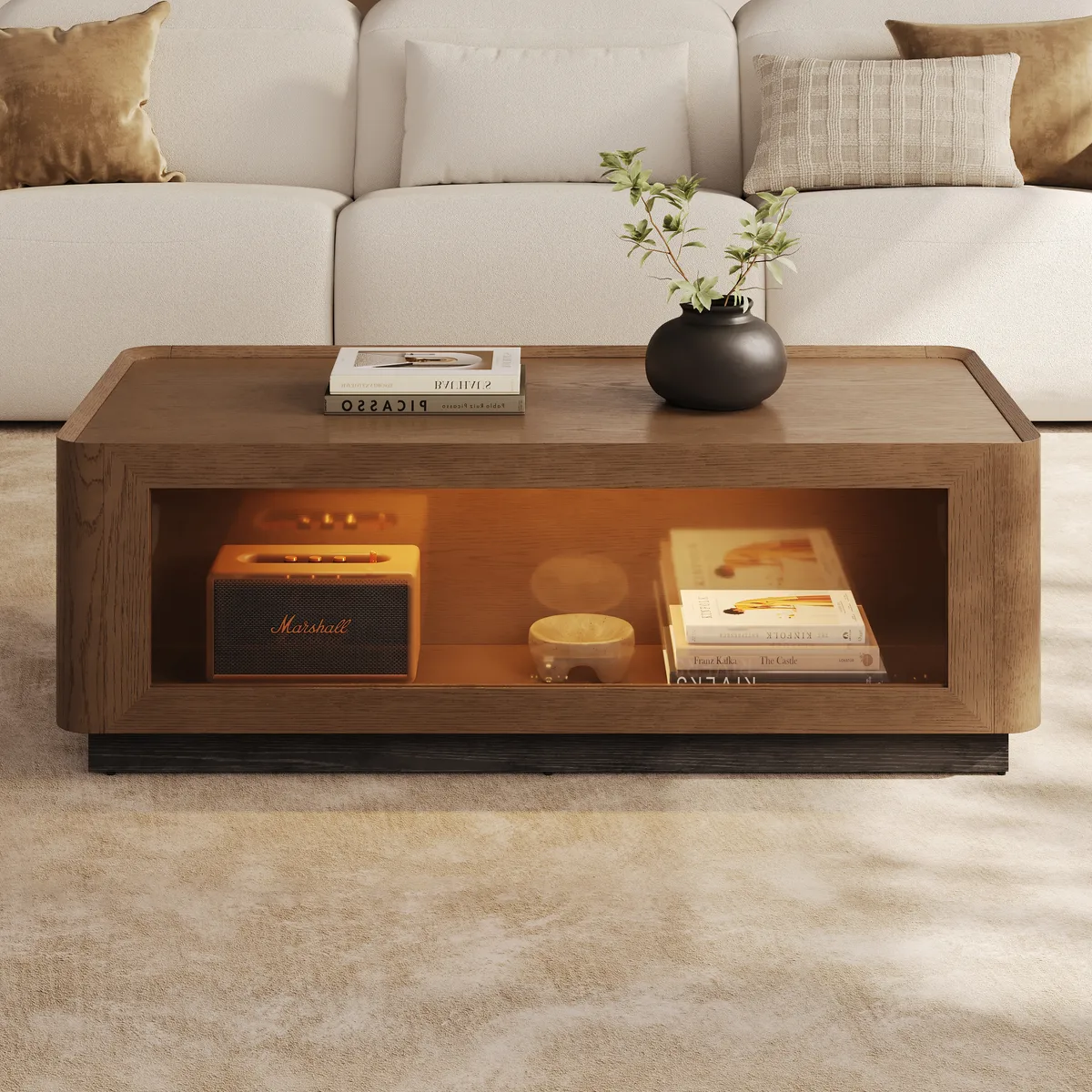 47" Glass Door Walnut Coffee Table with Storage and LED — image 3