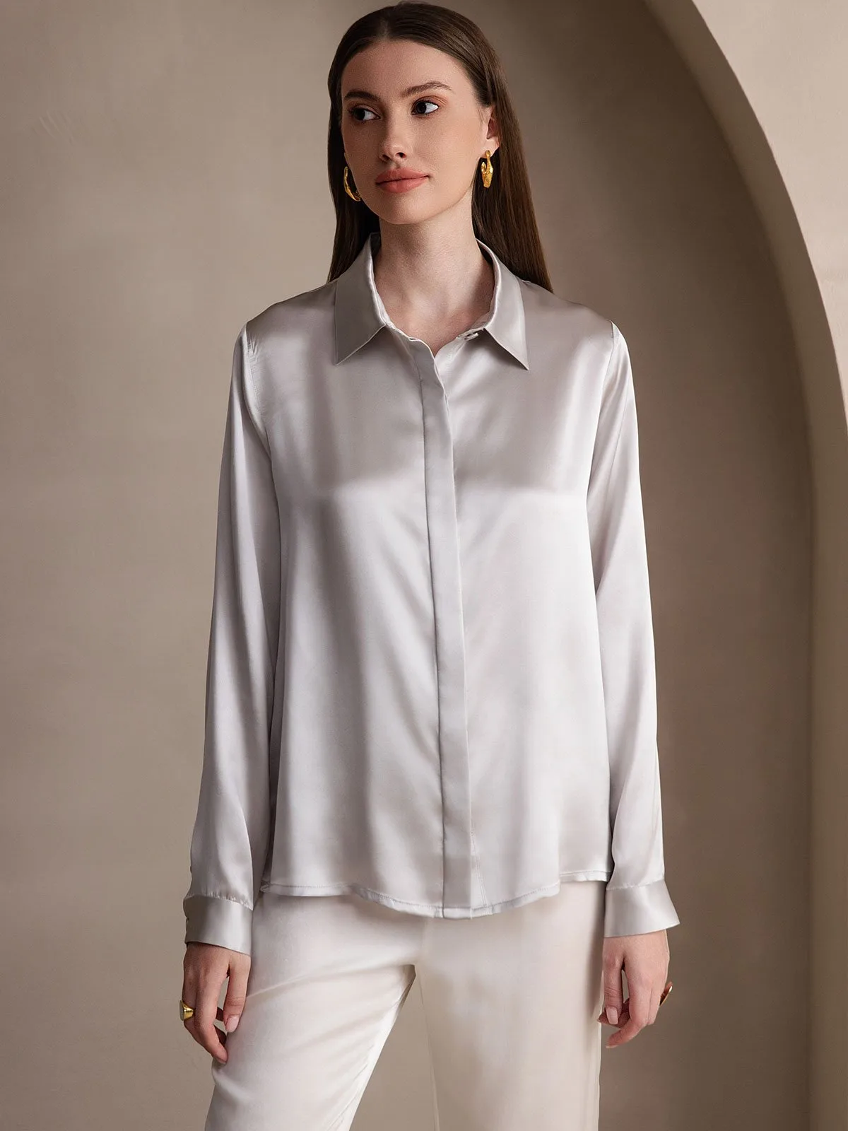 19Momme Silk Long Sleeve Lapel Collar Women's Shirt — image 11