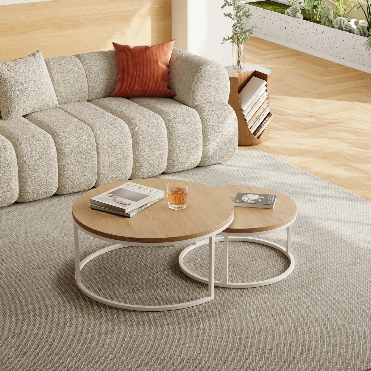 Fero Round Nesting Coffee Table Set of 2, Light Oak Top & White Metal Frame, Modern Scandinavian Style, for Living Spaces, (800mm-600mm) — image 4