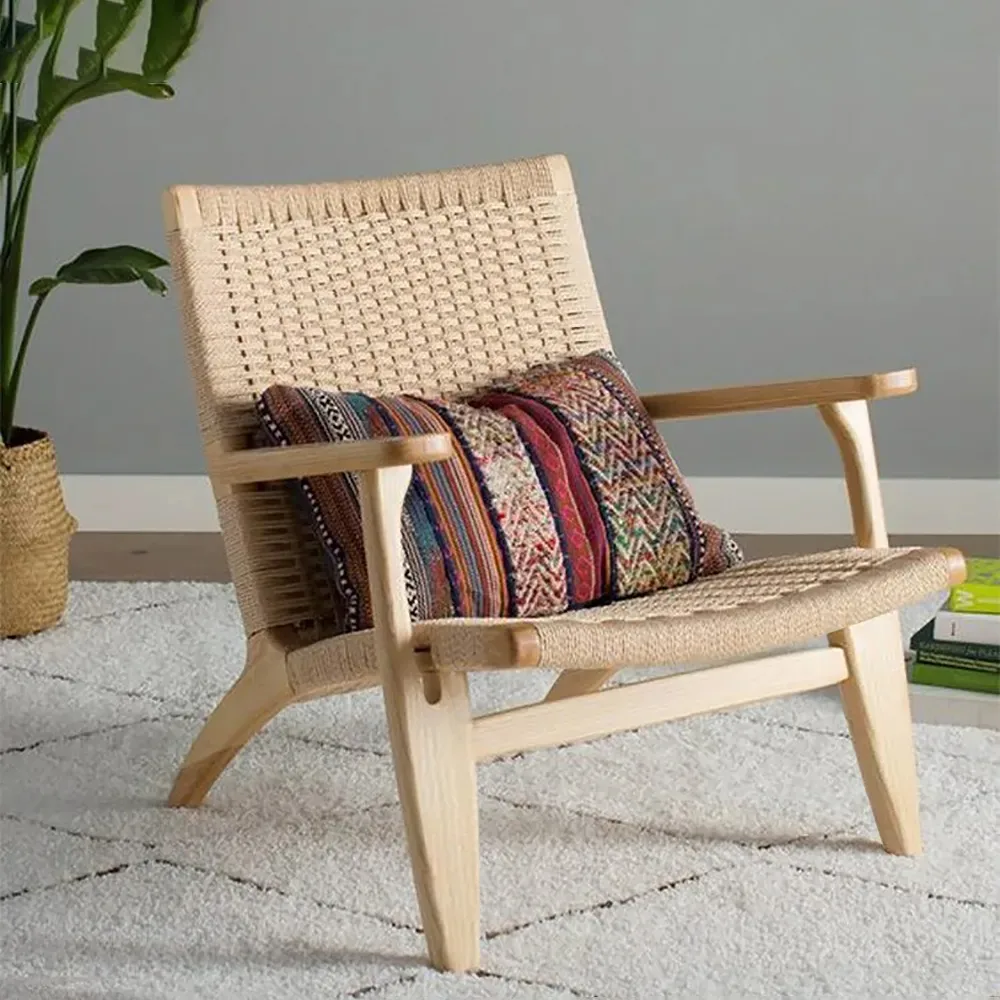 Japandi Solid Wood Outdoor Patio Lounge Chair Armchair Kraft Paper Rope Woven Seat — image 3