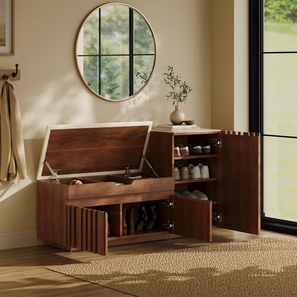 Aura 47” Wooden Shoe Storage Bench with Right-Side Cabinet for Entryway — image 5