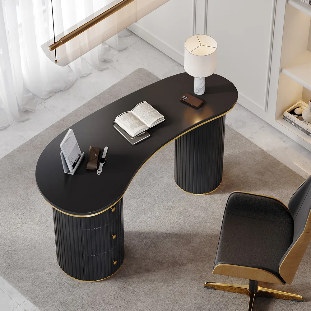 55.1" Modern Black Curved Desk 3-Drawer Wooden Home Office Desk Double Pedestal — image 2