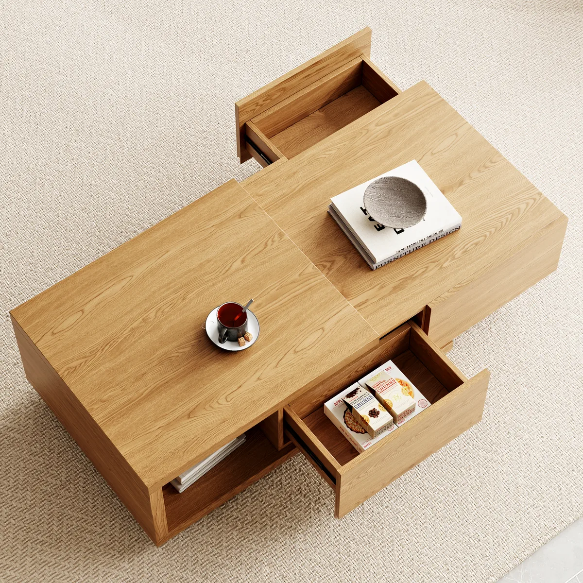 Quoint 68.9" Modern White Coffee Table Retracted & Extendable with 2-Drawer — image 13
