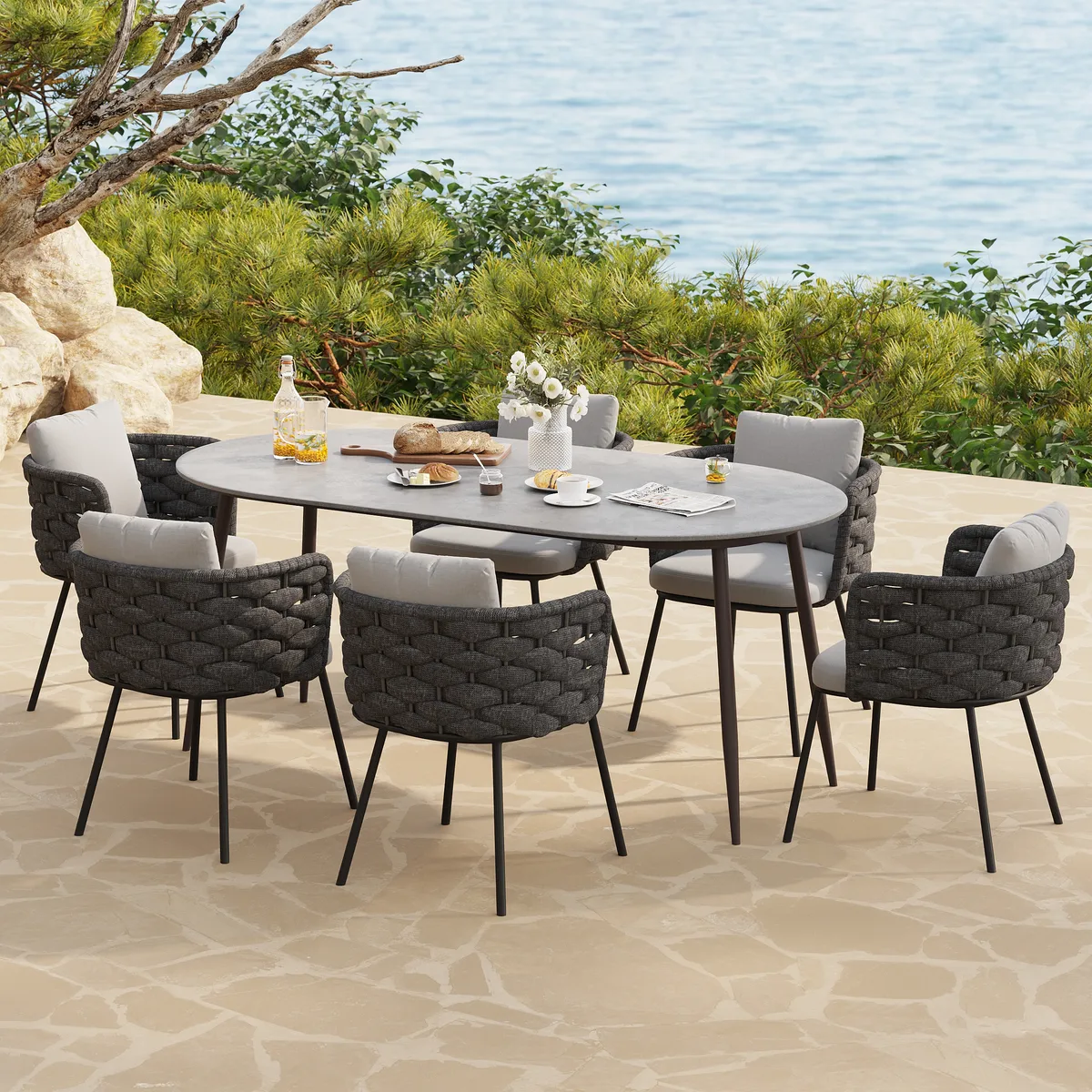Set of 2 Modern Dark Gray Aluminum Rattan Outdoor Dining Chairs with Armrests – Durable & Weather-Resistant for Patios, Gardens, or Balconies — image 6
