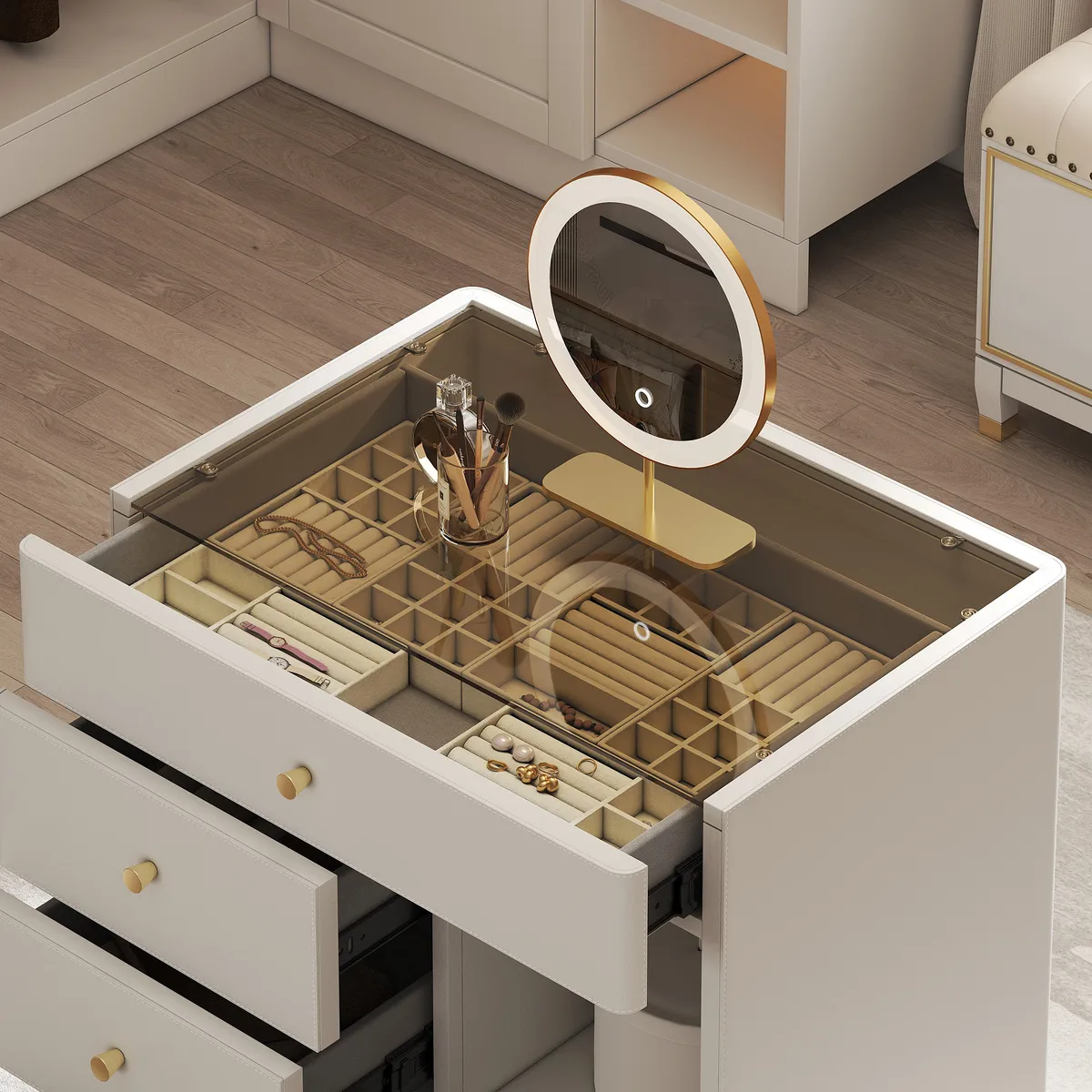 Saddle Leather Walk-In Closet Island Jewelry Dresser with Glass Top — image 6