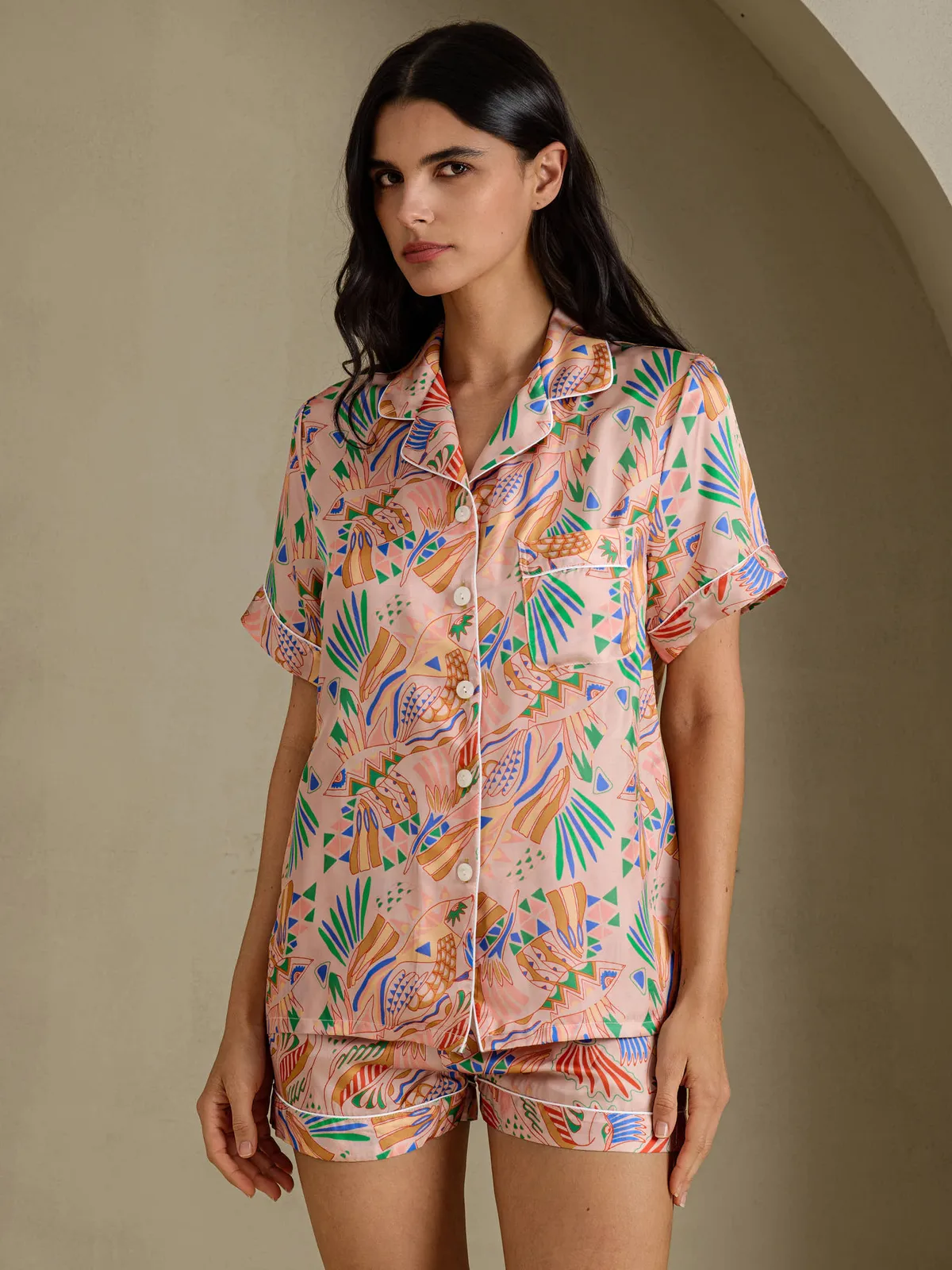 100% Mulberry Silk Women's Fish and Bird Floral Print Short Sleeve Pajama Set