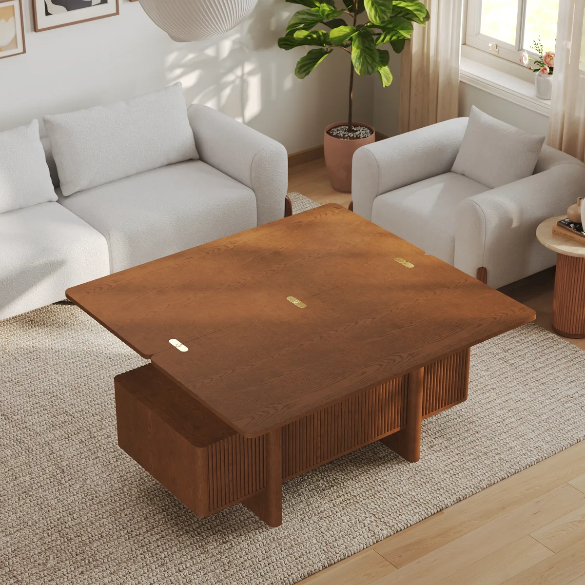 47" Fluted Lift-Top Walnut Coffee Table with 2 Drawers — image 4