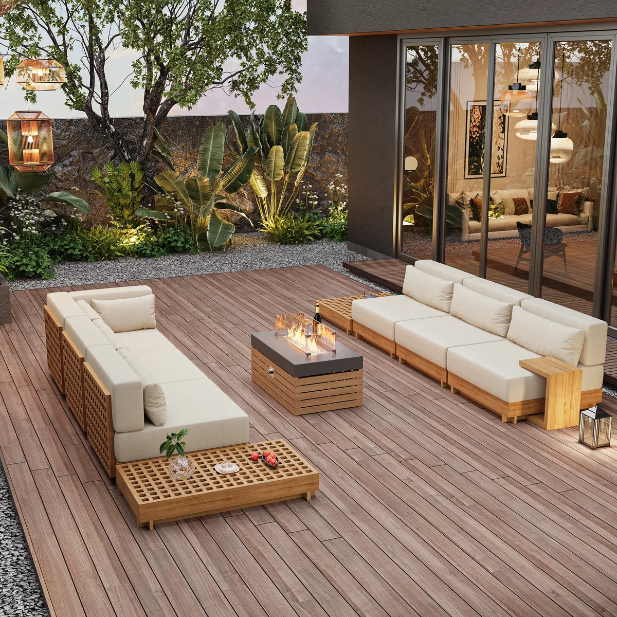10 PCS Premium Teak Modular L-Shaped Outdoor Sofa Set with Fire Pit & Teak Coffee Table Large Outdoor & Patio Luxury Teak Sofa Set with Fire Pit — image 4