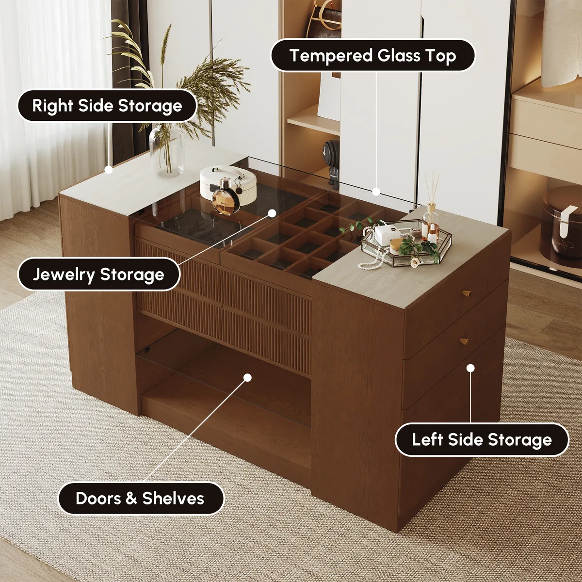 60" Glass Top Walnut Dresser Walk-in Closet Island with Jewelry Storage — image 11