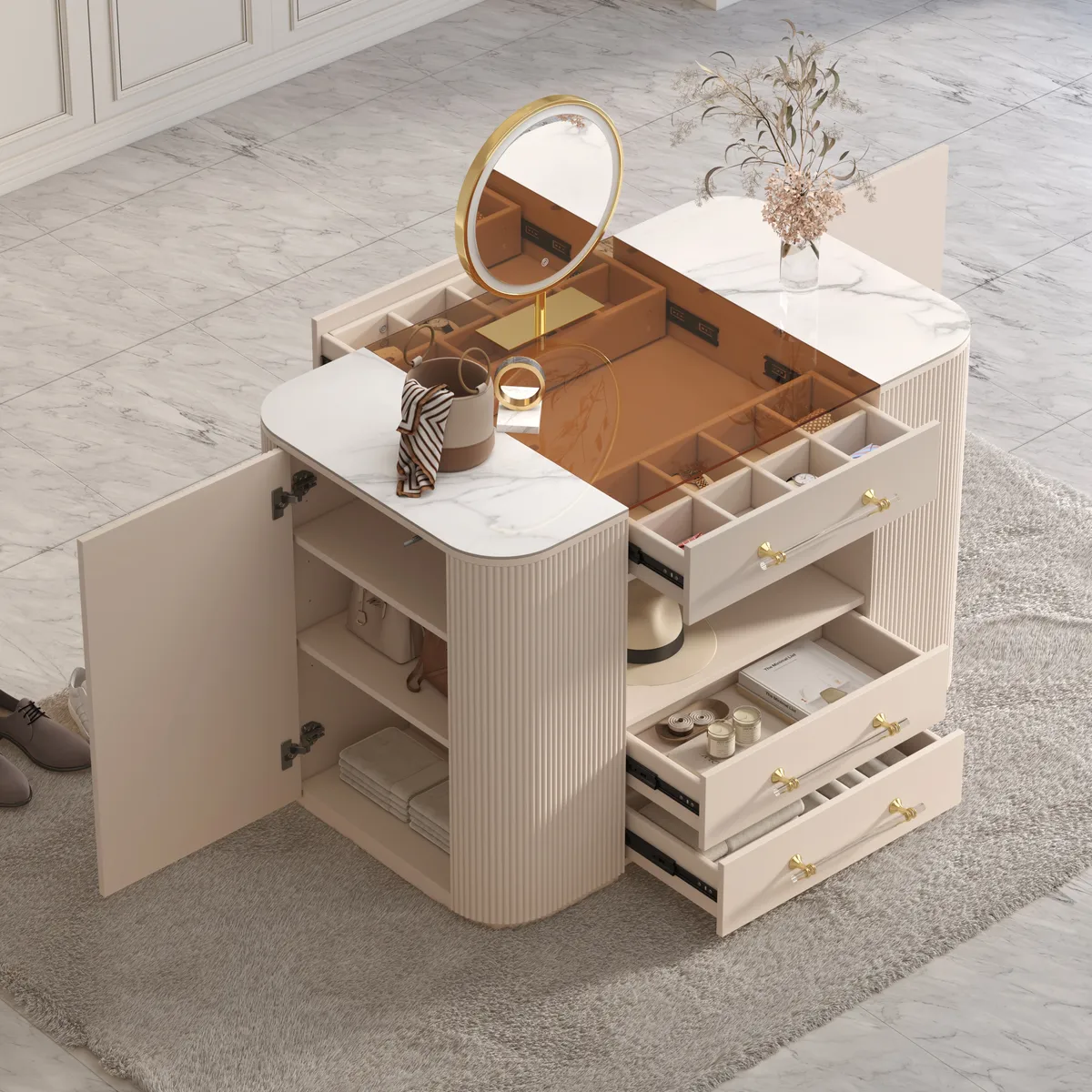 47" Tempered Glass Top Closet Island with Mirror & Jewelry Storage Dresser Vanity — image 5
