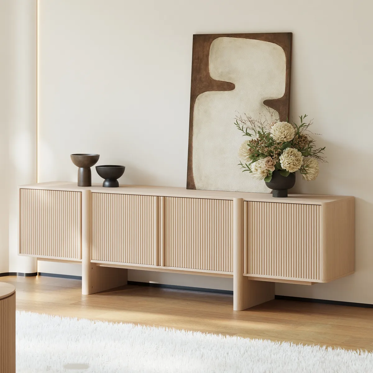 80" Solid Wood Fluted Black TV Stand with Cabinets — image 22
