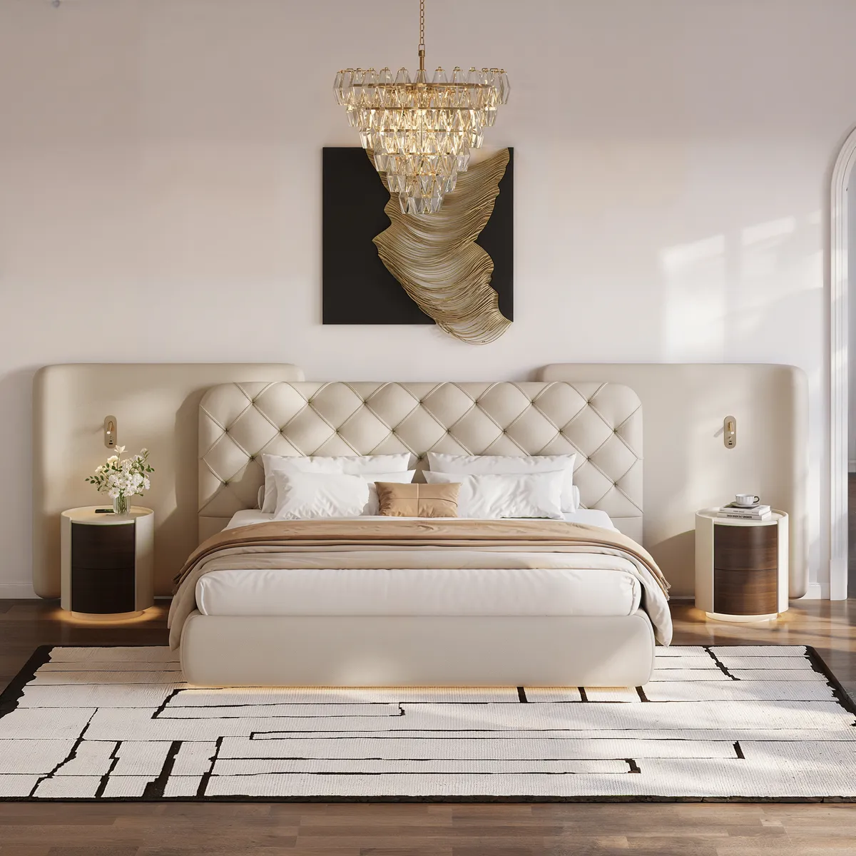 Modern King Genuine Leather Tufted Bed with Wide Charging Headboard & Light — image 5