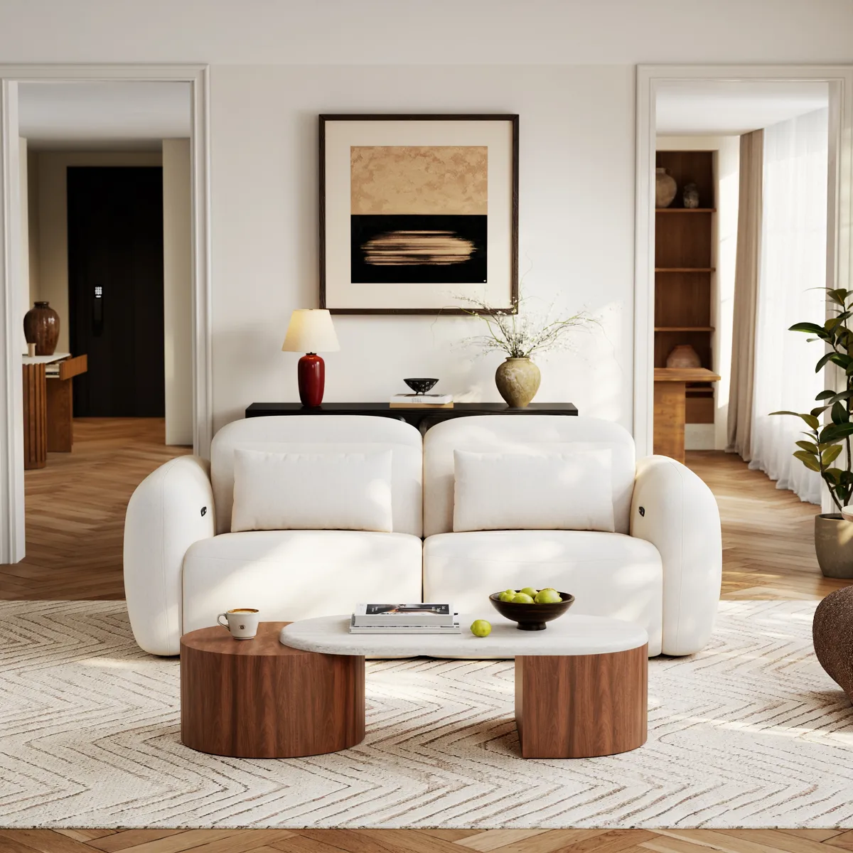47"-60" Extendable Walnut Coffee Table with Travertine Veneer Top — image 2