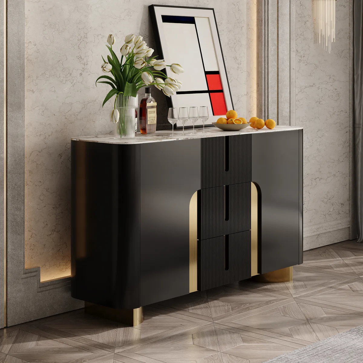 Artis Modern White 59"W Sintered Stone Sideboard 3 Drawers Kitchen Buffet Table — image 3