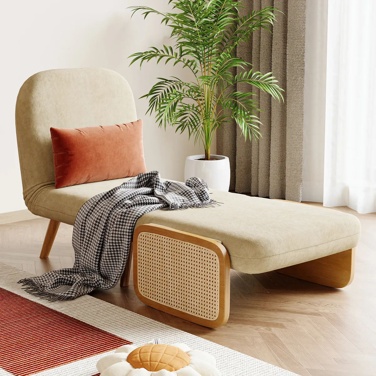 Futon Bed Twin Sleeper Sofa Convertible Chair Bed with Rattan Armrest — image 3