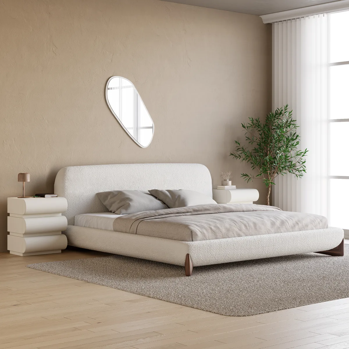 Modern White Boucle Platform Bed King Size Bed Frame & 2-Drawer Smart Boucle Nightstand — image 21