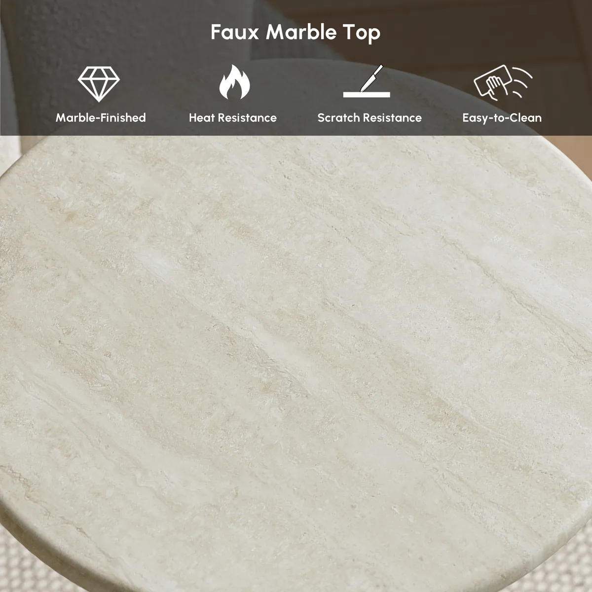 Faux Marble Round End Table Modern Side Table with Wood Base — image 9
