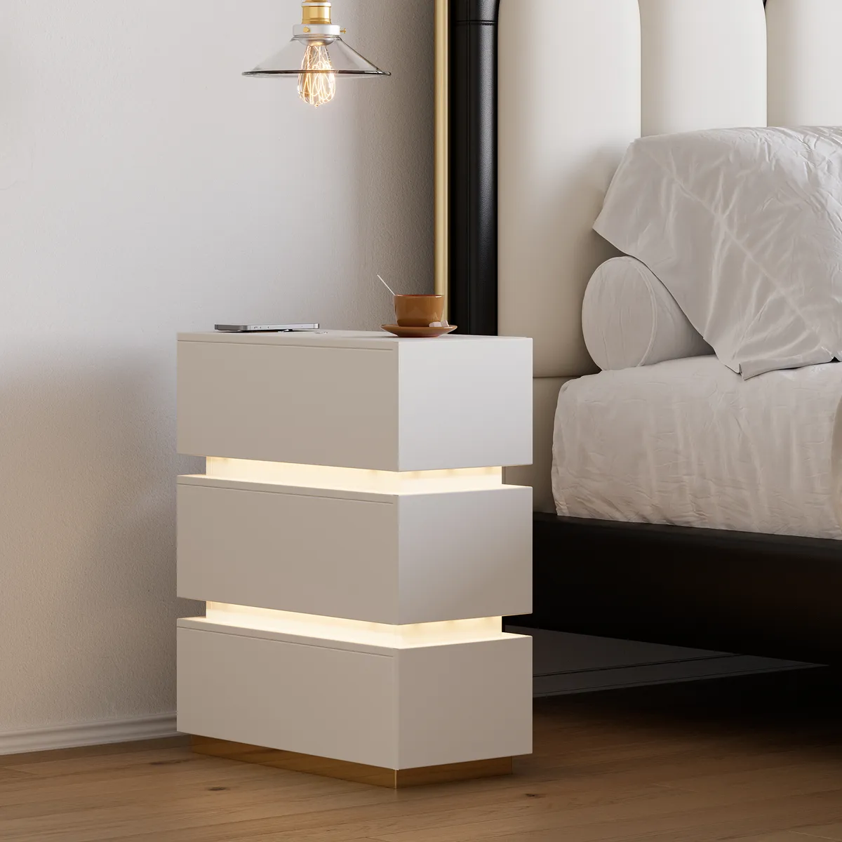 Narrow Smart 3-Drawer Nightstand with Charging Station Bedside Table with Light — image 14