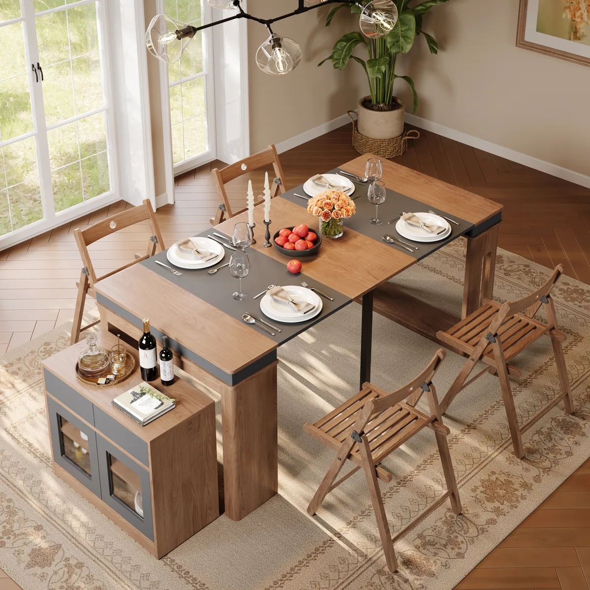 70.9" Rectangle Extendable Dining Table with Storage Sideboard for 4 Farmhouse Walnut & Gray Expandable Table — image 2