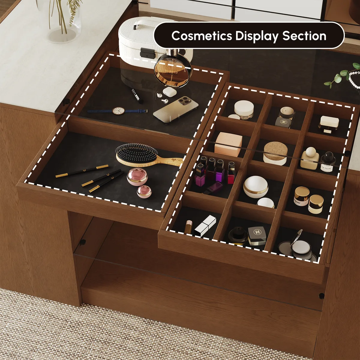 60" Glass Top Walnut Dresser Walk-in Closet Island with Jewelry Storage — image 10