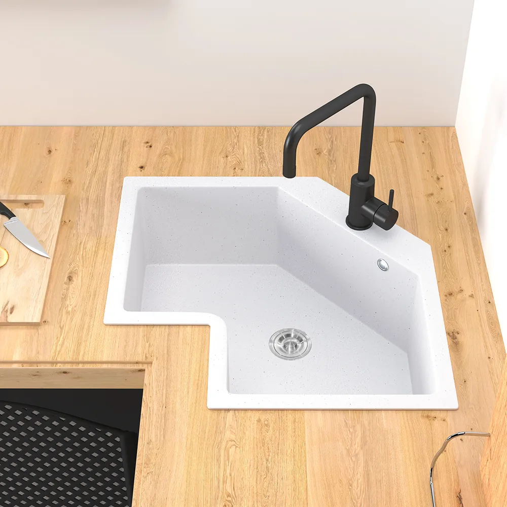 Drop In Corner Irregular Kitchen Sink White 25" Quartz — image 18