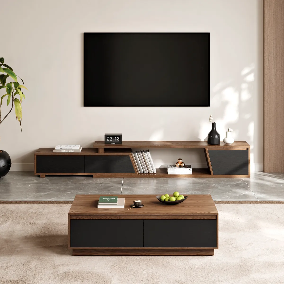 47" Mid Century Modern Gray Coffee Table Rectangular Block Living Room Table with Storage — image 2