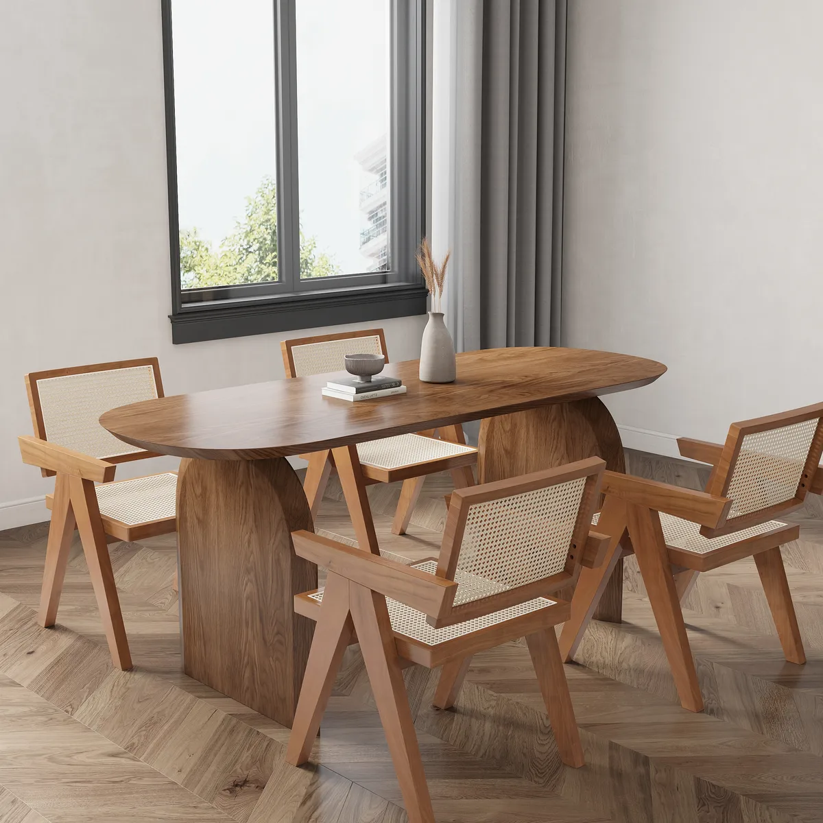 Dining Table Set 70.9" Oval Solid Wood Dining Table & 4 Walnut Japandi Rattan Dining Chairs