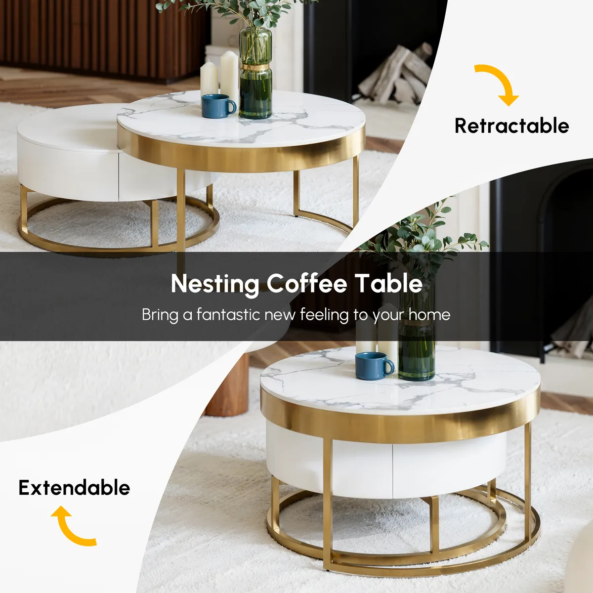 Nesnesis 28"-32" Round Nesting Walnut Coffee Table Set with Sintered Stone Top — image 16
