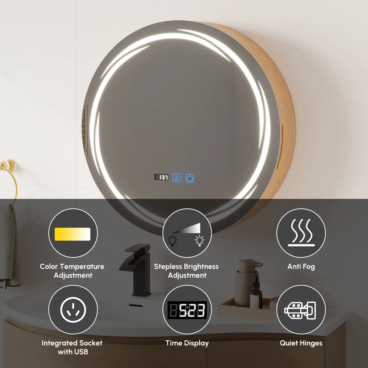 24" Round LED Walnut Medicine Cabinet with Storage, Anti-Fog, Dimmable — image 17