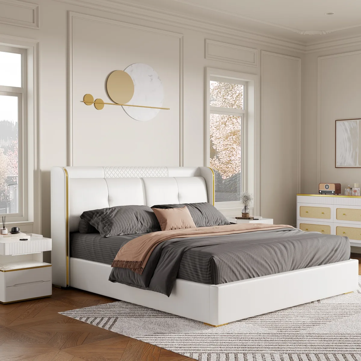 Homary White Wingback King Bed with Faux Leather Upholstered Foam Padding Headboard & Nightstands Set with Wireless Charger & Sensor Light — image 3