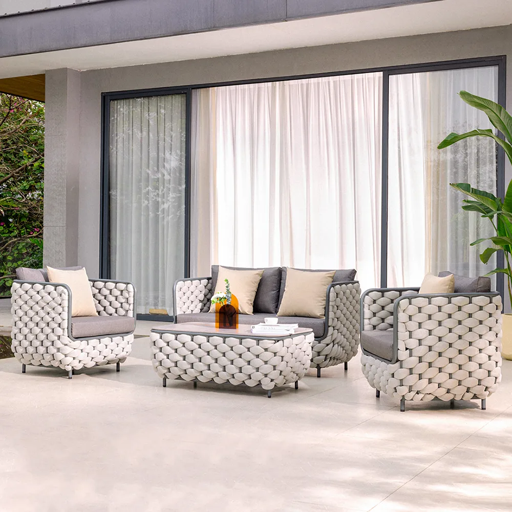 Martic 4-Piece Rope Outdoor Sofa Set with Marble Coffee Table Modern Yard & Patio Furniture for 4 Person in Gray Cushion & Pillow Included — image 3