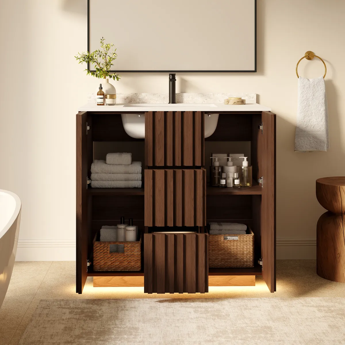 Aura 36" Fluted Bathroom Vanity with Sink, Freestanding Single Sink Vanity with Light — image 4